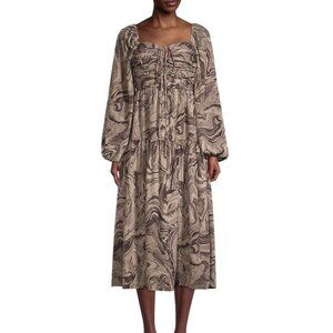 Moon River Sz L Marble Tiered Smocked Long Sleeves Bohemian Midi Dresss